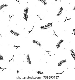 Nature Winter Seamless Pattern. Pine Branches And Snow. Black And White. Simple. Hand Drawn Vector Background. Wrapping Paper.