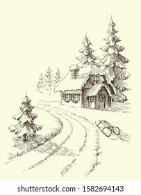 Nature in winter season, pine trees and a house in the snowy landscape