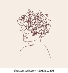 Nature woman head. Line art female face Art Print