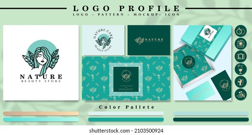 nature woman head logo branding with pattern and icon set