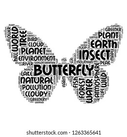 Nature word cloud in butterfly shape, vector file for EPS10