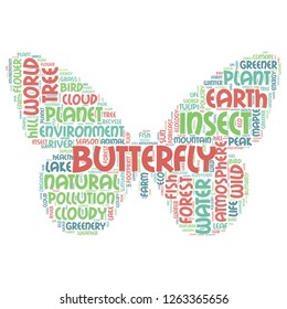 Nature word cloud in butterfly shape as color, vector file for EPS10