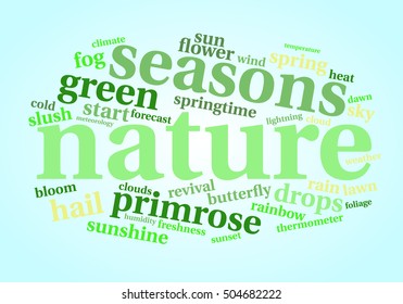 Nature word cloud on gradient blue background. Seasons concept. Vector.