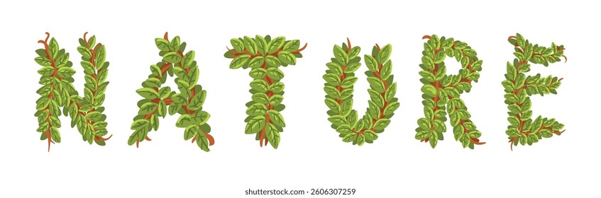 Nature Word of Green Leaf Alphabet Letter with Lush Foliage Vector Set