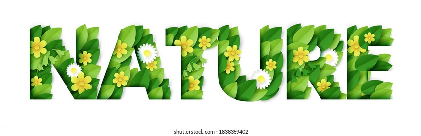 Nature word made of beautiful paper cut yellow, white flowers and green leaves. Spring season card design. Vector illustration in paper art style. Nature stylized typography banner template.