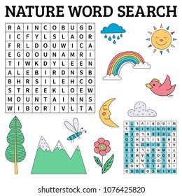 Nature word search game for kids. Vector illustration for learning English