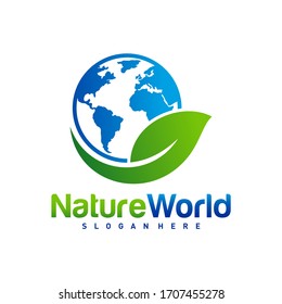 Nature World logo design template vector. Earth with Leaf logo concept.  Planet and eco symbol or icon. Unique global and natural, organic logotype design template.