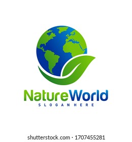 Nature World logo design template vector. Earth with Leaf logo concept.  Planet and eco symbol or icon. Unique global and natural, organic logotype design template.