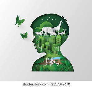 nature and World Wildlife with the animal ,city ,family in the boy frame, Paper art and digital craft style.