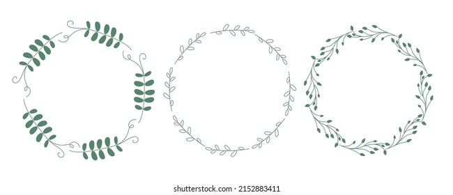 Nature wreath set. Greens frames. Circle shape. For wedding invitation and birthday card. Vector illustration. Floral design with empty space for your text, photo, save date, logo, monogram.