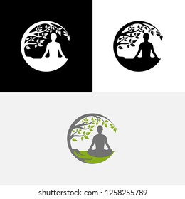 Nature Yoga Pose Sit Leaf Tree Icon Logo
