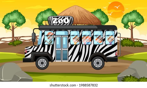 Nature zoo scene with children in the zoo bus illustration