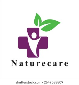 Naturecare Logo Design Featuring a Purple Cross, Stylized Human Figure, and Green Leaves for a Health and Wellness Brand
