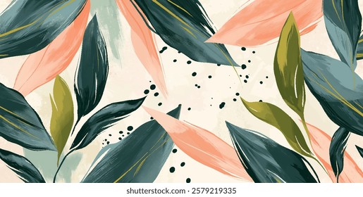 Nature-inspired abstract floral background. Stylized leaves in a palette of muted colors, sophisticated and contemporary vibe watercolor design. Botanical vector illustration for wallpaper