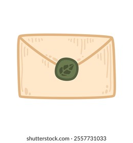 Nature-inspired envelope with a green wax seal and hand-crafted details. For forest-themed correspondence, digital designs, party invites. Organic illustration ideal for rustic or vintage stationery.