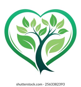 Nature-inspired logo design with a tree and house enclosed in a heart shape. Perfect for branding related to eco-friendly housing, environmental groups, or lifestyle products.