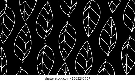 Nature-inspired minimalist design featuring white outlines of leaves against a black background, creating a seamless elegant pattern for textiles, wallpapers, and creative projects.