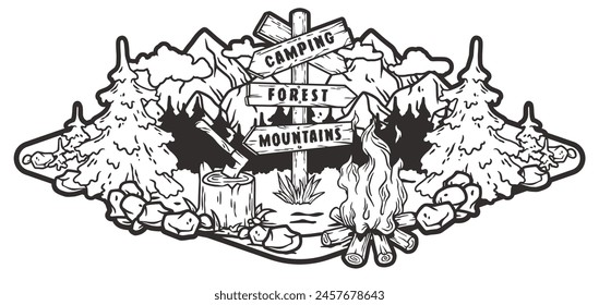 Nature-inspired wilderness adventure emblem with black and white hand-drawn line art illustration of camping, hiking, and outdoor activities in a vintage rustic style.