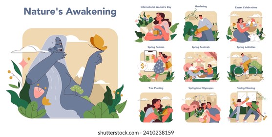 Nature's Awakening set. Celebrating the vibrant essence of spring with themes like International Women's Day, gardening, Easter, fashion, festivals, activities, cityscapes, and spring cleaning.