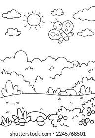 Natures background, butterfly, summer. Black and white vector image. Coloring.