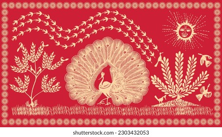 Die Schönheit der Natur in Warli Kunst: Friedhöfe, Bäume und ein lebendiger Himmel. Baum-Warli-Malerei, Tapete-Illustration, Warli-Kunst, Vektorgrafik. Warli Kunstmalerei-Feier im Stammdorf.