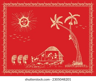 Bliss der Natur: Authentisches indisches Glück durch Warli Kunst erobern. Tree Warli Malerei, Tapete Illustration, Warli Kunst, Vektorgrafik. Warli Kunstmalerei-Feier im Stamm