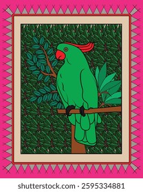 Nature's Charm: Parrot Depicted in Intricate Madhubani Style. Madhubani art, Mithila painting, Indian folk art, Madhubani parrot.