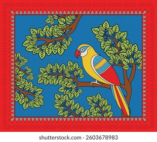 Nature's Charm: Parrot Depicted in Madhubani Art. Madhubani art, Mithila painting, Indian folk art, Madhubani parrot