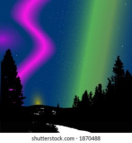 Nature's Christmas Lights, a mountain & forest scene beneath a display of the aurora borealis.