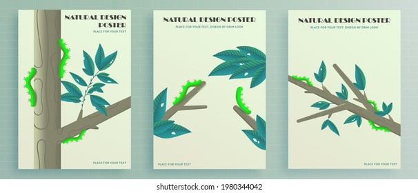 Afiche de diseño de la naturaleza. Las orugas se arrastran sobre ramas de árboles con rebanadas. Cartel vectorial de insectos con follaje. Imagen para afiche, volante o portada