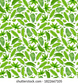 Nature's Elegance: Elevate your designs with this seamless pattern featuring a collection of thin outline green leaves. The delicate hand-drawn details create an elegant and timeless botanical layout