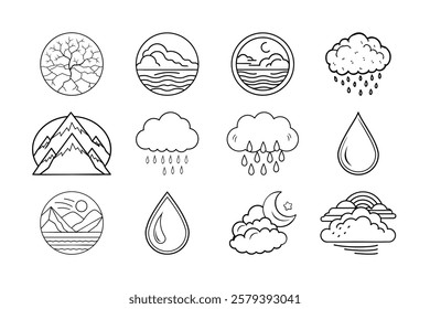 Natures Elements Line Art Icons of Mountains, Clouds, Rain, and Water