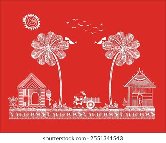 Nature's Embrace: A Joyful Warli Painting of Rural Work and Celebration. Warli art rural life, Warli village scene, Indian folk art rural, Warli countryside art.