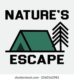 Nature's Escape logo featuring a green camping tent and pine tree icon, perfect for outdoor adventure, camping, hiking, travel, wilderness, nature retreats, and eco-friendly design.