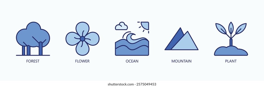 Nature'S Essence Icon Set Isolated Vector With Icon Of Forest, Flower, Ocean, Mountain, Plant In Blue Style