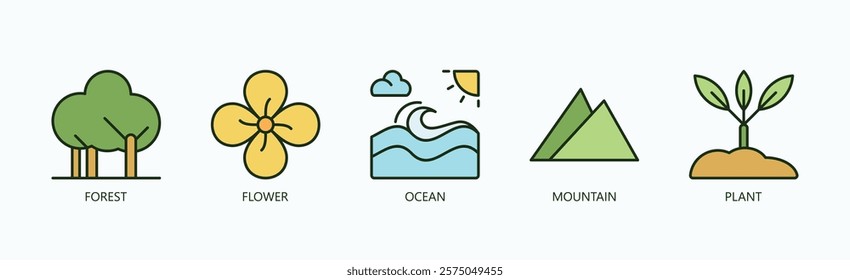 Nature'S Essence Icon Set Isolated Vector With Icon Of Forest, Flower, Ocean, Mountain, Plant In Outline Color Style