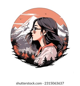 Nature's Grace: Striking Vector Art Showcasing a Lovely Woman Conquering the Peaks