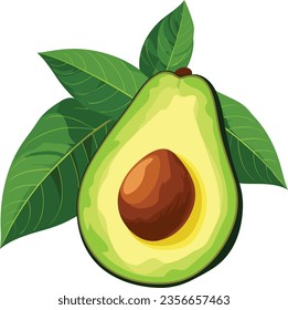 Nature's Halves - Half Avocado with Seed and Leaves Vector Illustration