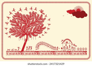 Armonía de la Naturaleza - Pintura de Serene Warli, Escena de la Naturaleza del Arte Warli, Vida Rural, Ilustración de Aves Tranquila Warli, Pintura de Warli 