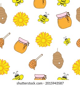 Nature's Honey Seamless Design: Vector illustration of a seamless pattern with a honey jar, flying bee, beehive, and yellow flowers. Perfect for nature-inspired and organic visuals