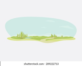 Natures landscape with cypress trees, a small lake and a road (vector).