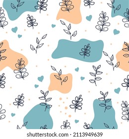 Nature's Love Affair: Immerse your designs in the charm of this seamless pattern with leaves and blue hearts. The delicate hand-drawn details on a white canvas evoke a sense of natural beauty and love
