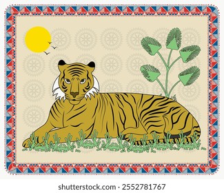 A potência da natureza: uma cativante tapeçaria Madhubani com um tigre. Arte de tigre Madhubani, tigre de arte popular indiano, arte da vida selvagem Madhubani, arte da selva Madhubani.