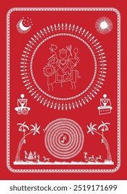 Nature's Protector: A Serene Warli Artwork of Durga Devi. Warli Durga Devi painting, Indian folk art Durga Devi, Tribal goddess artwork, Warli religious art, Warli mythological painting.