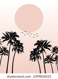 Nature's Symphony: Modern Abstract Art with Coconut Tree, Moon, and Bird. Abstract Nature Art, Modern Coconut Tree Illustration, Moon and Bird Wall Decor.