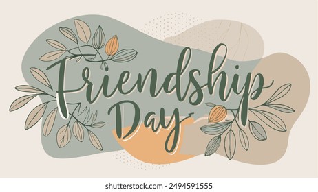 Nature-themed Friendship Day card with green and beige abstract shapes and leaves	