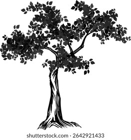 Nature-Themed Hand-Drawn Tree Vector Illustration – Black and White Chinese Brush Style Botanical Art for Interior Posters, Journal Covers, Mindful Aesthetic Decoration and Vintage-Inspired Branding