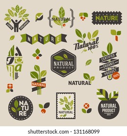 Nature-themed labels and badges with green leaves Ã?Â¢?? set of vector design elements