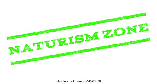 Naturism Zone watermark stamp. Text tag between parallel lines with grunge design style. Rubber seal stamp with scratched texture. Vector light green color ink imprint on a white background.