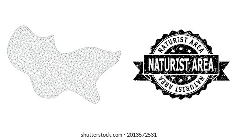 Naturist Area textured seal print and vector spot mesh model. Black stamp seal includes Naturist Area caption inside ribbon and rosette. Abstract flat mesh spot, created from flat mesh.